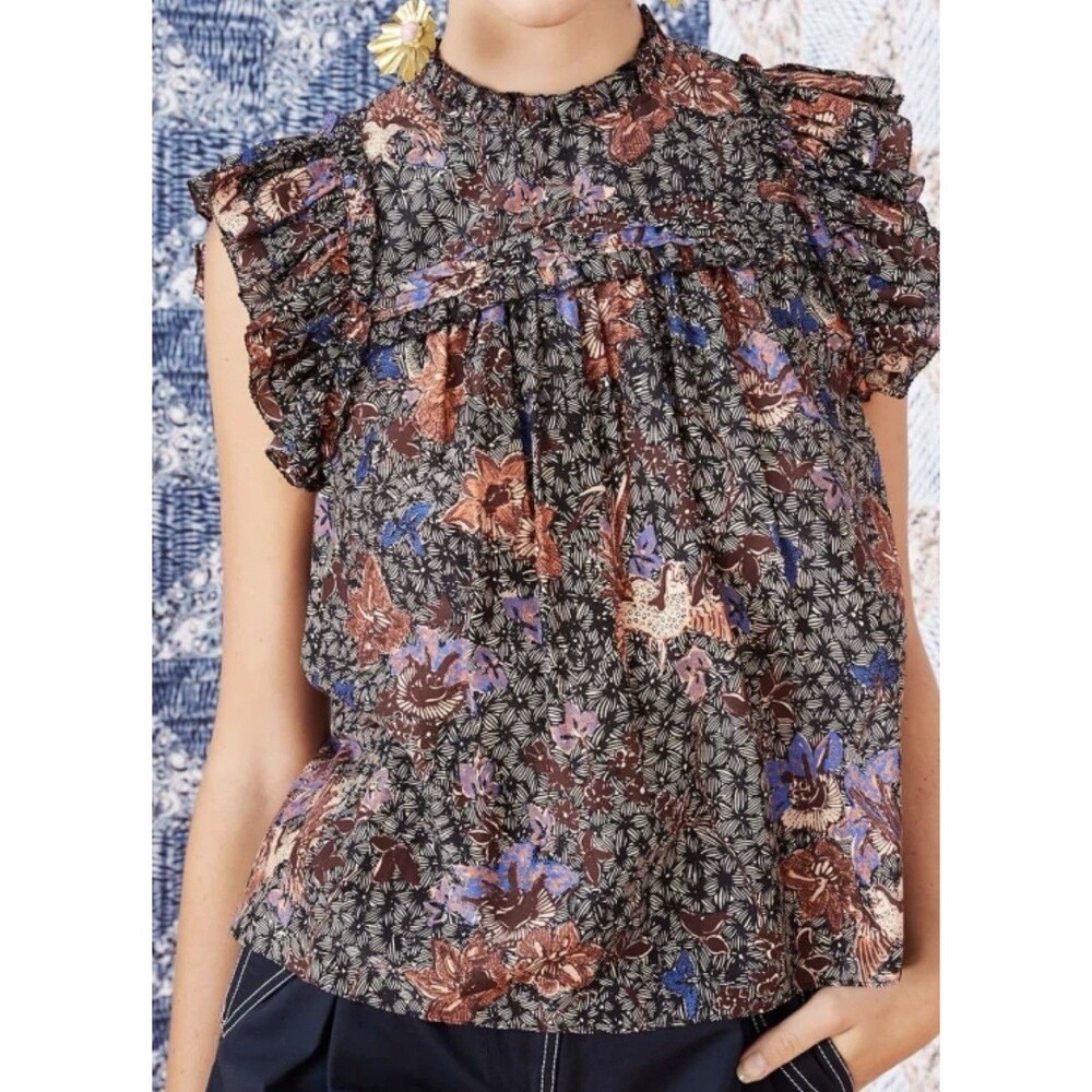Ulla Johnson Louise Blouse Floral Print High Neck Size 4 Ruffle Short Sleeve Jet